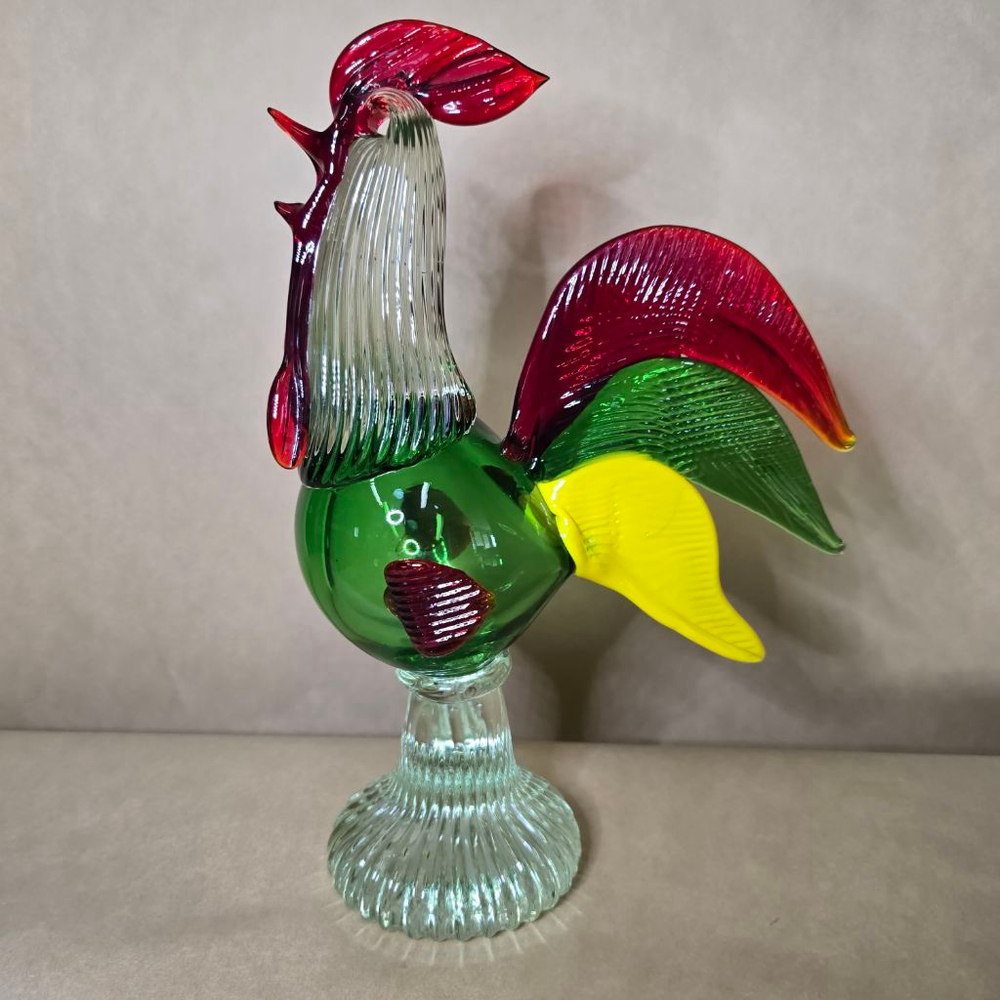 Large Green Art Glass Rooster Figurine Multicolor Murano Style Pedestal 10" Tall